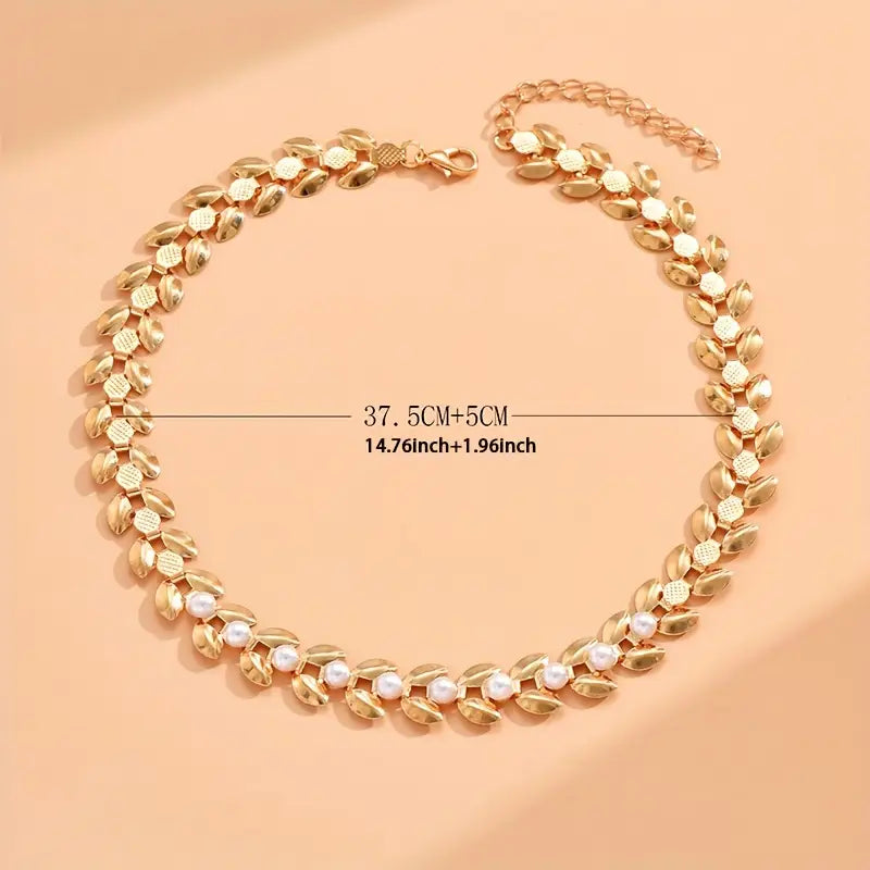 Elegant Golden-Tone Wheat Ear Choker Necklace with Faux Pearls - Vintage Style, Perfect for Casual Attire
