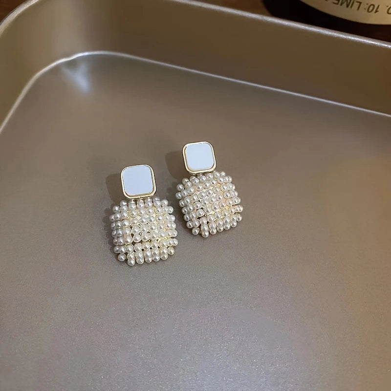 Rice Artifical Pearl White Square Pendant Drop Earrings 18K Golden