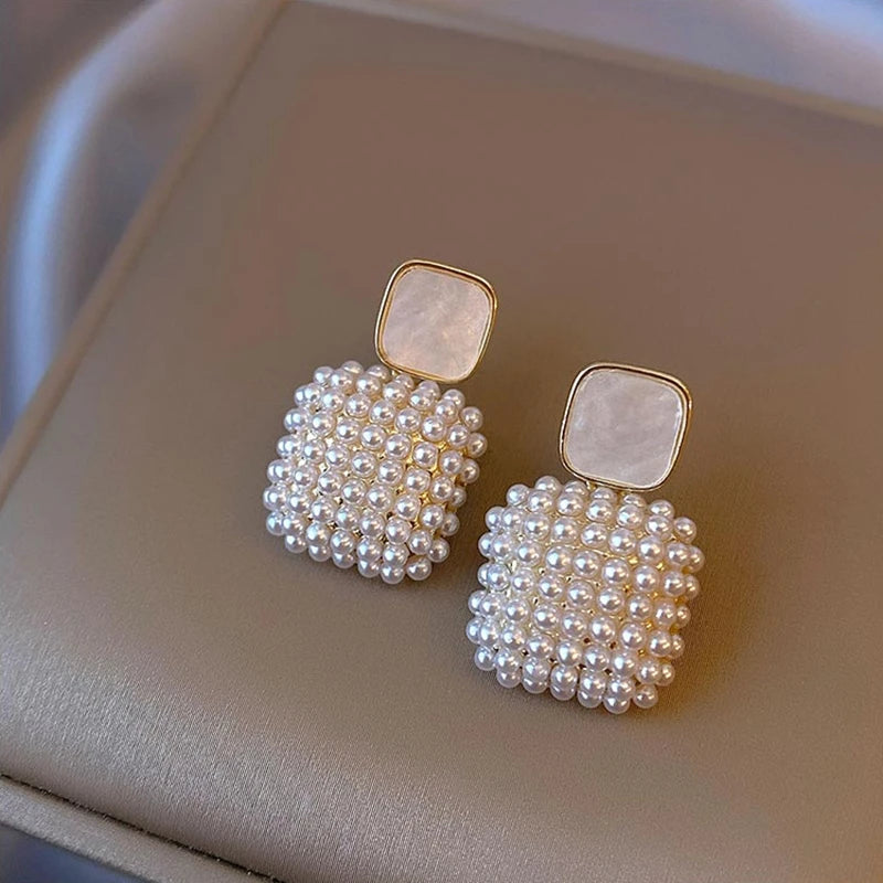 Rice Artifical Pearl White Square Pendant Drop Earrings 18K Golden