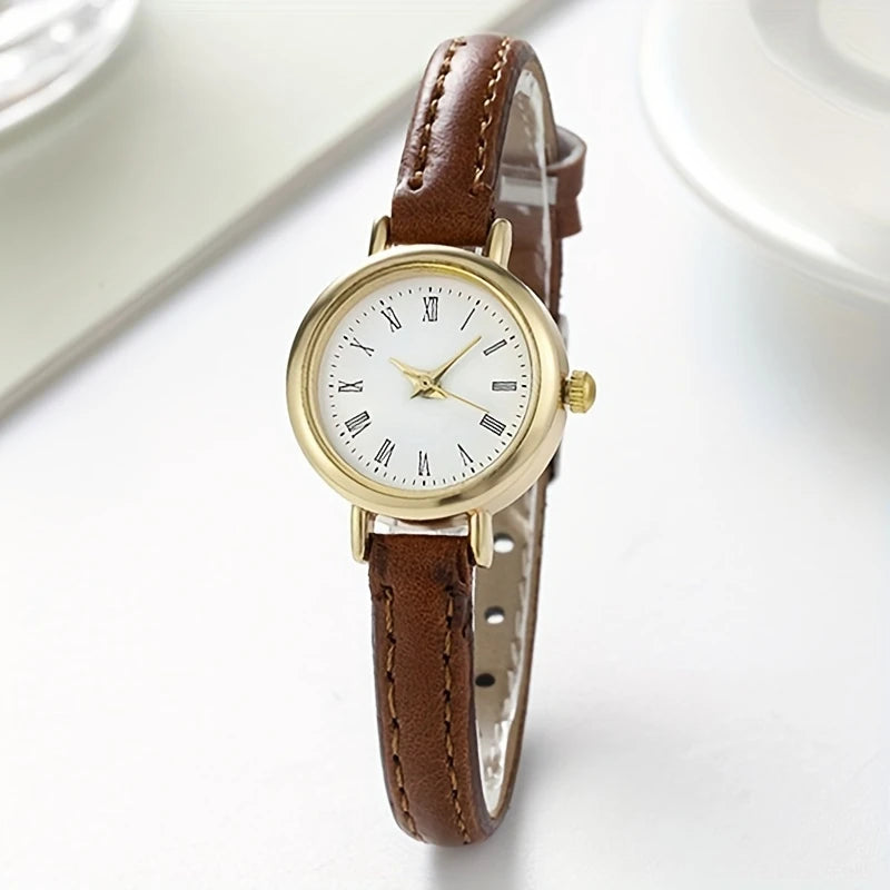 Vintage-Inspired Women'S Quartz Wrist Watch, Round Alloy Case