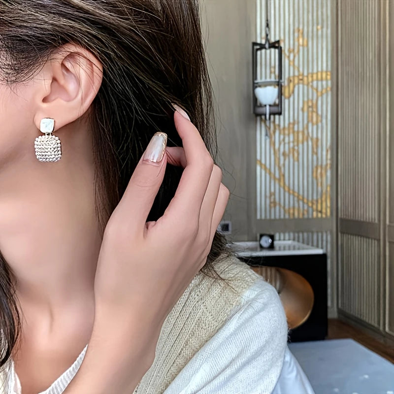 Rice Artifical Pearl White Square Pendant Drop Earrings 18K Golden