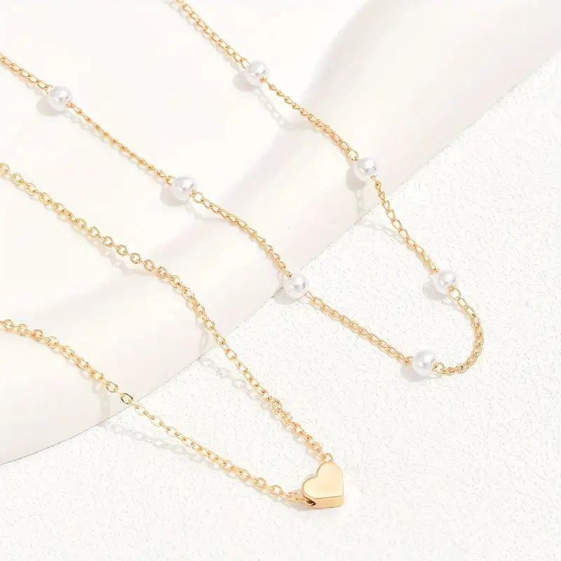 2pcs/set Fashion Heart and Artificial Pearl Women's Pendant Necklace for Daily Wear