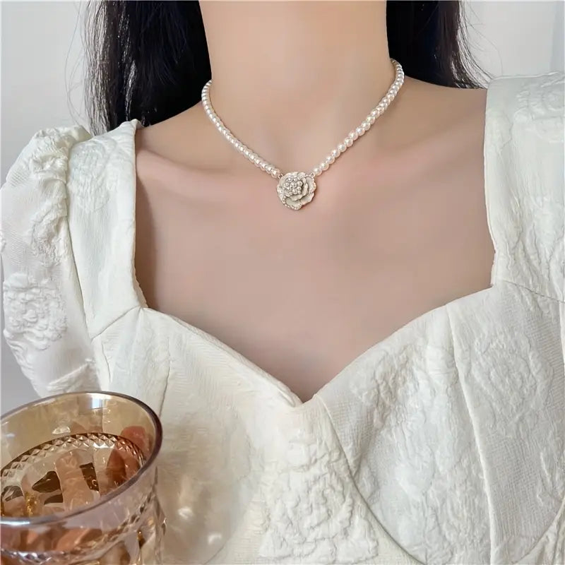 Elegant Camellia Flower Pendant Necklace with White Faux Pearls.