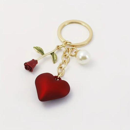 1 Romantic Rose & Pearl Heart Keychain for Men - Stylish Golden-Tone Alloy with Red or Pink Heart Charm, Elegant Accessory for Keys and Bags, Heart Jewelry.Valentine's Day Gift.