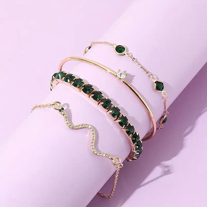 4pcs/Set Elegant Green Imitation Gemstone Rhinestone Claw Chain Snake Bracelet Open Bangle For Women