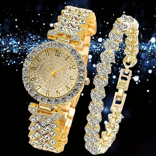 2pcs Elegant Rhinestone Watch Stainless Steel Fashion Minimalist Luxury Full Rhinestone Bracelet Quartz Watch Gifts.