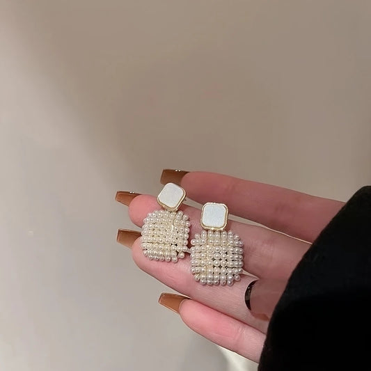 Rice Artifical Pearl White Square Pendant Drop Earrings 18K Golden