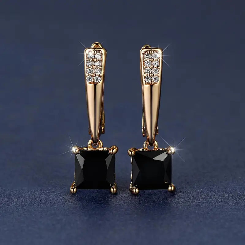 1 Pair Square Cut Black Stone Drop Earrings 18K Golden Plated Ornament For Women Daily Decor Jewelry