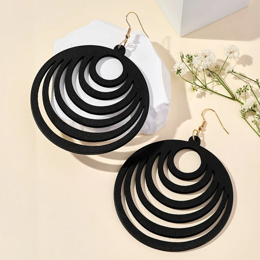 Creative Multi Layer Wooden Round Pendant Design Dangle Earrings