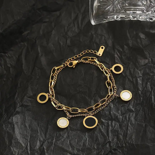 Roman Numeral Double-Layered Pendant Bracelet - Stainless Steel & Shell, Perfect for Casual Attire & Special Occasions
