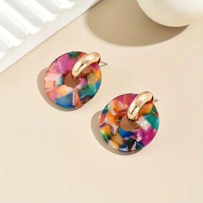 Fashion Multicolor Acetate Round Drop Earrings, Elegant Dangle Earpieces.