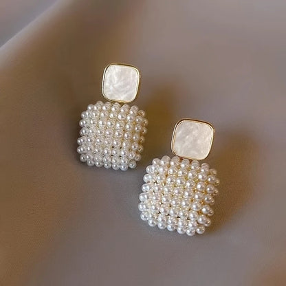 Rice Artifical Pearl White Square Pendant Drop Earrings 18K Golden