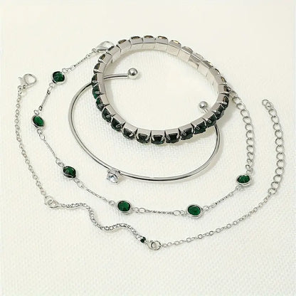 4pcs/Set Elegant Green Imitation Gemstone Rhinestone Claw Chain Snake Bracelet Open Bangle For Women