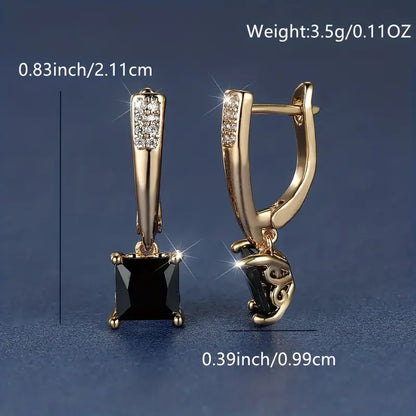 1 Pair Square Cut Black Stone Drop Earrings 18K Golden Plated Ornament For Women Daily Decor Jewelry