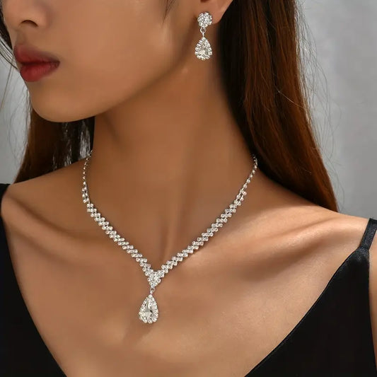 2pcs Elegant Zinc Alloy Jewelry Set, Silver-Plated