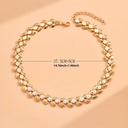 Elegant Golden-Tone Wheat Ear Choker Necklace with Faux Pearls - Vintage Style, Perfect for Casual Attire