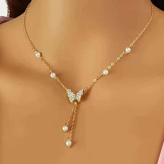 1pc Bling Bling Elegant Style Artificial Pearl Butterfly Pendant Necklace .