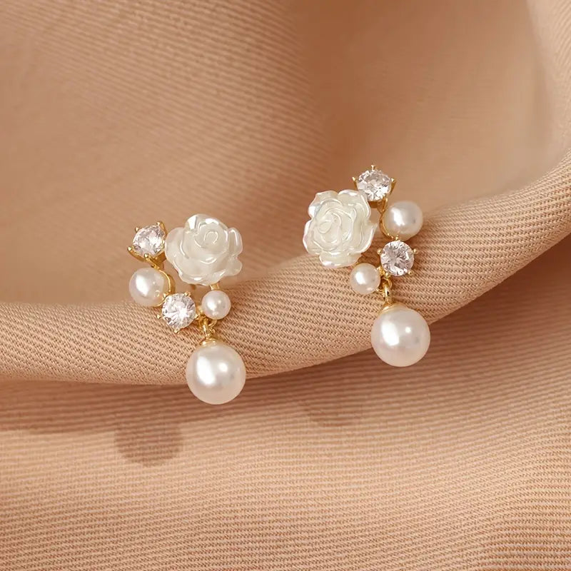 Elegant French-Inspired Camellia Flower Dangle Earrings with Sparkling Rhinestones.