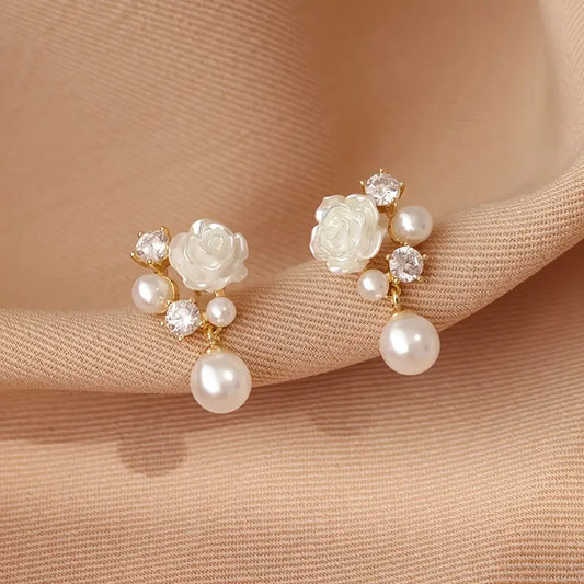 Elegant French-Inspired Camellia Flower Dangle Earrings with Sparkling Rhinestones.