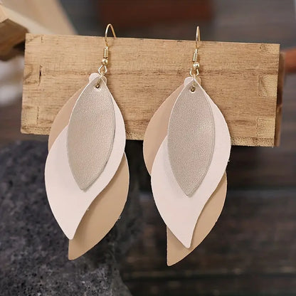 3-layer Leaf Design Retro Dangle Earrings PU Leather Exquisite.