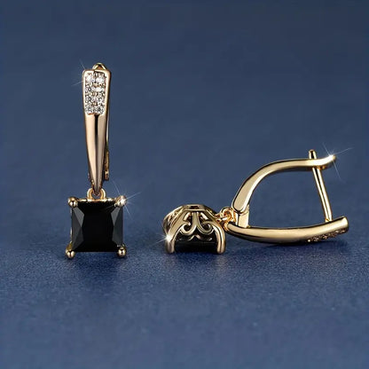 1 Pair Square Cut Black Stone Drop Earrings 18K Golden Plated Ornament For Women Daily Decor Jewelry