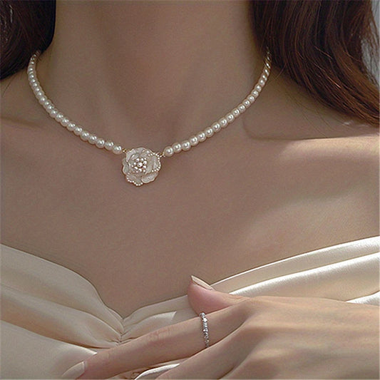 Elegant Camellia Flower Pendant Necklace with White Faux Pearls