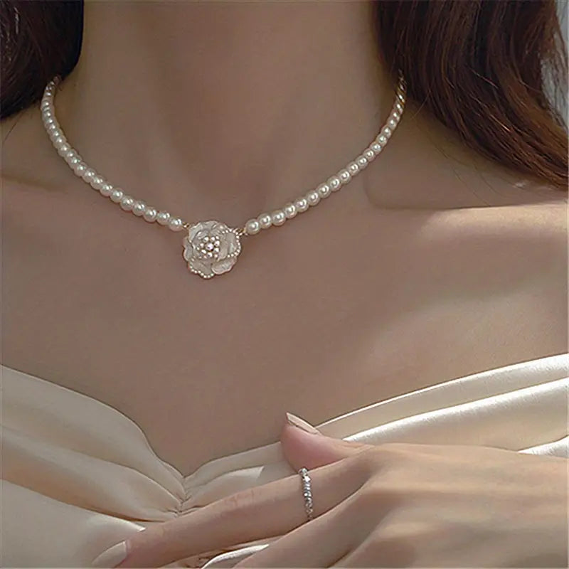 Elegant Camellia Flower Pendant Necklace with White Faux Pearls.