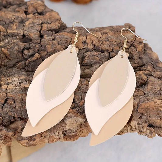 3-layer Leaf Design Retro Dangle Earrings PU Leather Exquisite.