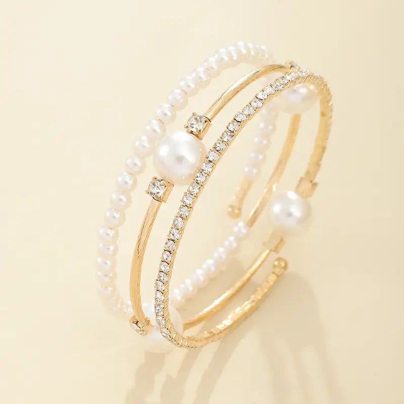 Elegant Pearl and Rhinestone Cuff Bracelet, December Birthstone