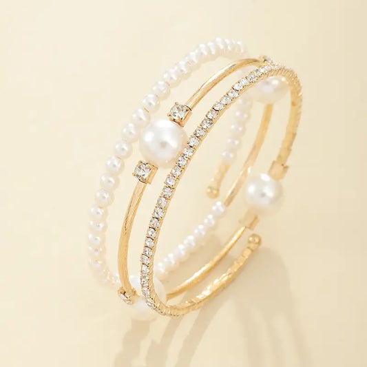 Elegant Pearl and Rhinestone Cuff Bracelet, December Birthstone