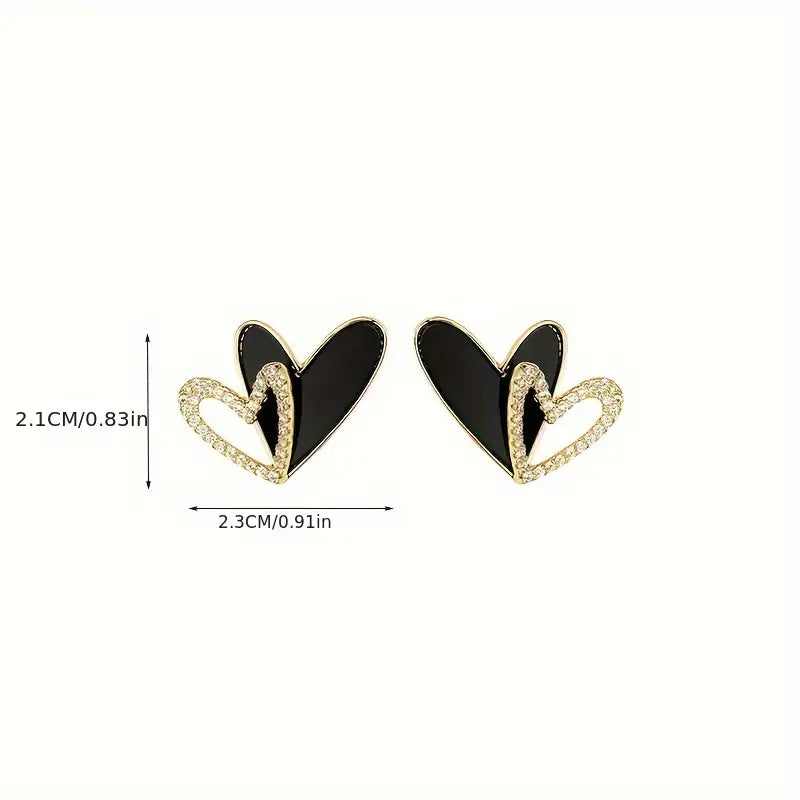 Elegant Black Heart Stud Earrings with Crystal Accents - Perfect for Everyday and Party Wear