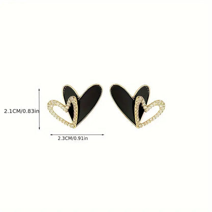 Elegant Black Heart Stud Earrings with Crystal Accents - Perfect for Everyday and Party Wear