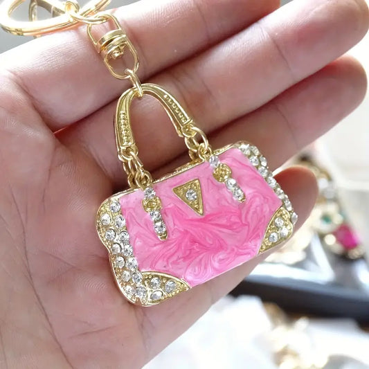 Mini Handbag Enamel Keychain Sparkling Rhinestone Key Ring Purse Bag Backpack Car Pendant Charm Women Gift