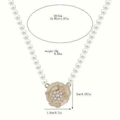 Elegant Camellia Flower Pendant Necklace with White Faux Pearls.