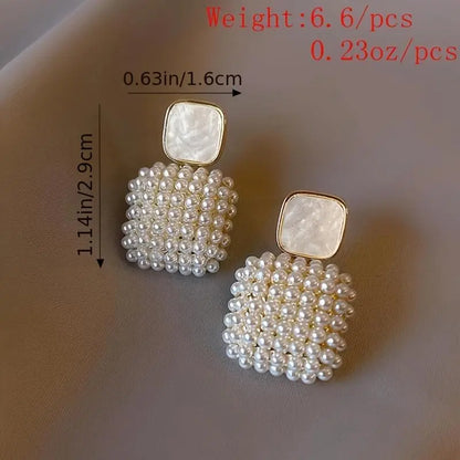 Rice Artifical Pearl White Square Pendant Drop Earrings 18K Golden