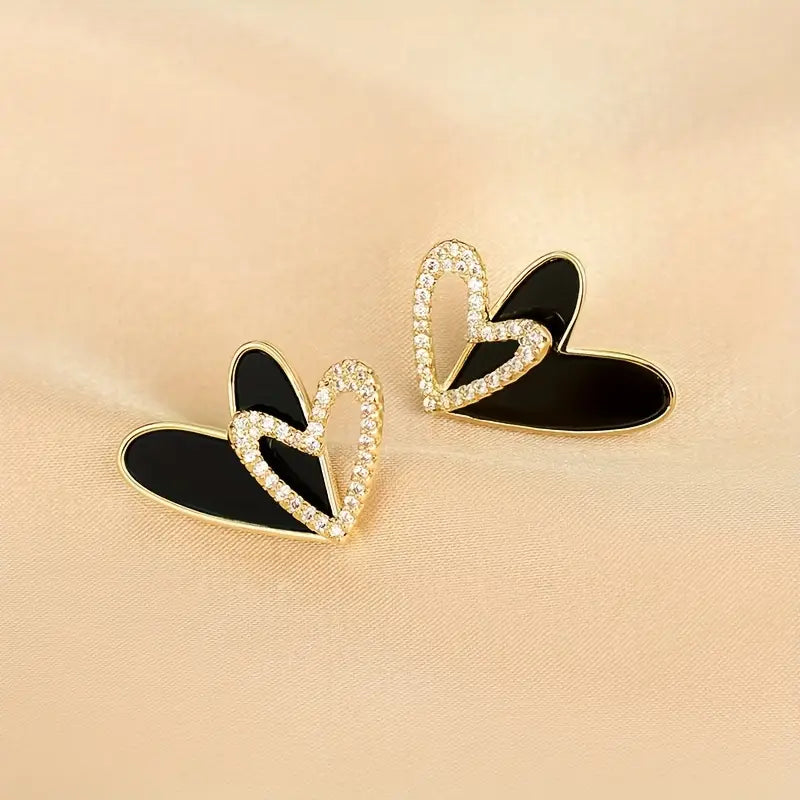 Elegant Black Heart Stud Earrings with Crystal Accents - Perfect for Everyday and Party Wear