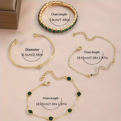 4pcs/Set Elegant Green Imitation Gemstone Rhinestone Claw Chain Snake Bracelet Open Bangle For Women