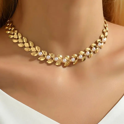 Elegant Golden-Tone Wheat Ear Choker Necklace with Faux Pearls - Vintage Style, Perfect for Casual Attire