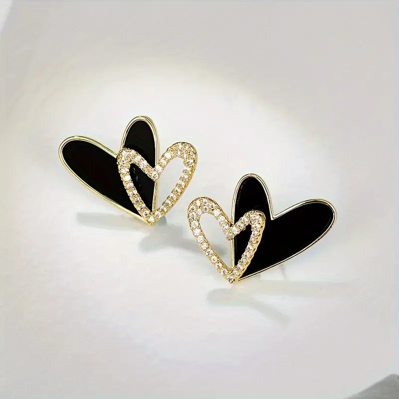 Elegant Black Heart Stud Earrings with Crystal Accents - Perfect for Everyday and Party Wear