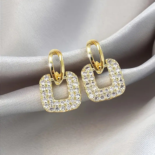 Delicate Hollow Square Design Stud Earrings Alloy Jewelry Embellished With Rhinestones Elegant Korean Style For Women Daily