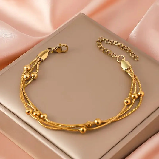 Elegant 18K Golden Plated Triple Layer Beaded Bracelet for Women, 316L Stainless Steel Snake Chain, Daily Wear, All-Season Jewelry