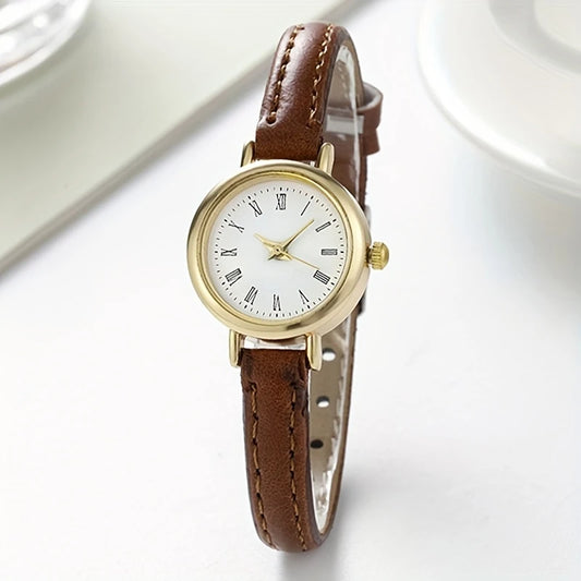 Vintage-Inspired Women'S Quartz Wrist Watch, Round Alloy Case