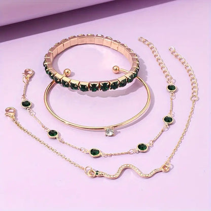 4pcs/Set Elegant Green Imitation Gemstone Rhinestone Claw Chain Snake Bracelet Open Bangle For Women