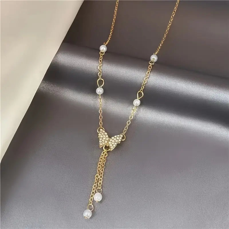 1pc Bling Bling Elegant Style Artificial Pearl Butterfly Pendant Necklace .