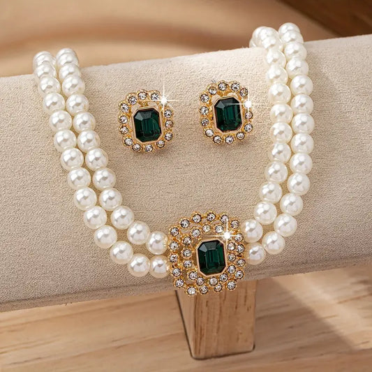 Luxurious European and American Style Double-Row Imitation Pearl Necklace and Earrings Set with Rhinestone