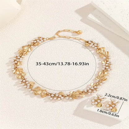 [Everyday Elegance] Elegant Boho-Chic Faux Pearl & Golden Leaf Jewelry Set.