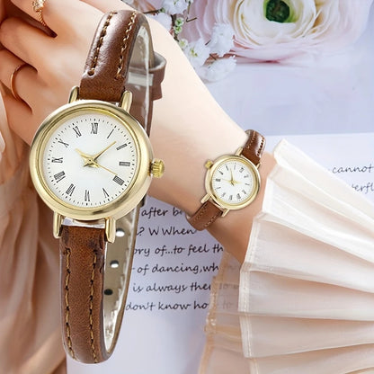 Vintage-Inspired Women'S Quartz Wrist Watch, Round Alloy Case