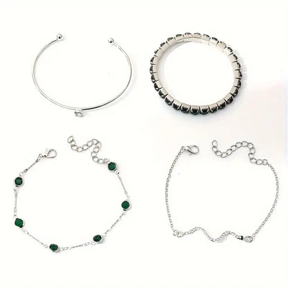 4pcs/Set Elegant Green Imitation Gemstone Rhinestone Claw Chain Snake Bracelet Open Bangle For Women