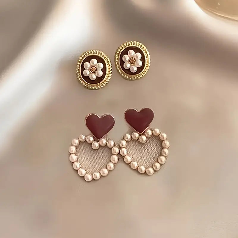 5 Pairs Faux Pearl Decor Love Heart Design Earrings Sweet Elegant Style Suitable for Women Daily Dating Earrings