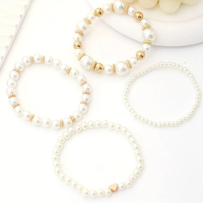 4pcs White Faux Pearls Beads Beaded Bracelet Set Elegant Handmade Hand String Jewelry Accessory